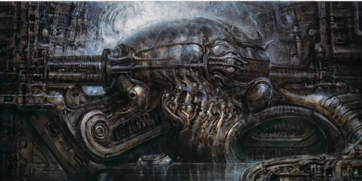 xgiger, the image is a detailed view of h.r. giger's biomechanical tableau \" landscape no 312 \" plate, featuring
a complex, in...