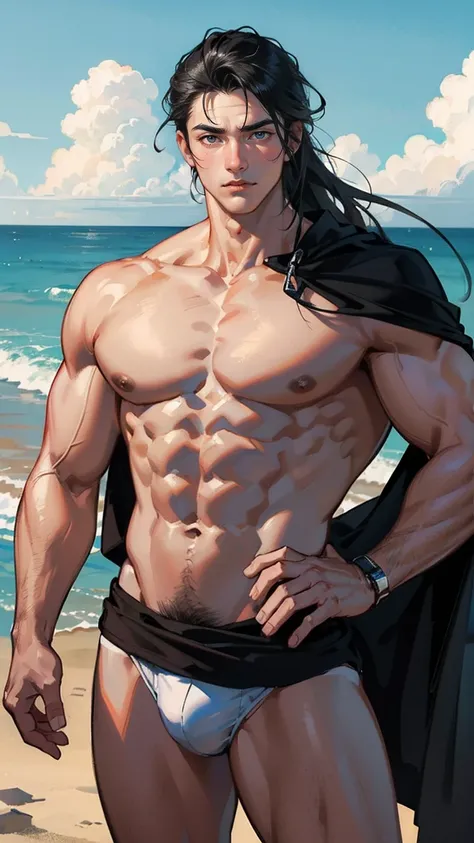 handsome guy, radiating charisma as he proudly showcases his muscular to to build in a full-bodied stand-up pose. Wearing a sexy white underwear that accentuates his physique, he stands at the beach, serious and sexy mood, this photorealistic portrait embo...