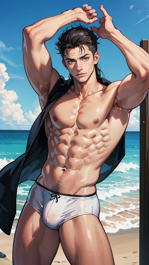 handsome guy, radiating charisma as he proudly showcases his muscular to to build in a full-bodied stand-up pose. Wearing a sexy white underwear that accentuates his physique, he stands at the beach, serious and sexy mood, this photorealistic portrait embo...