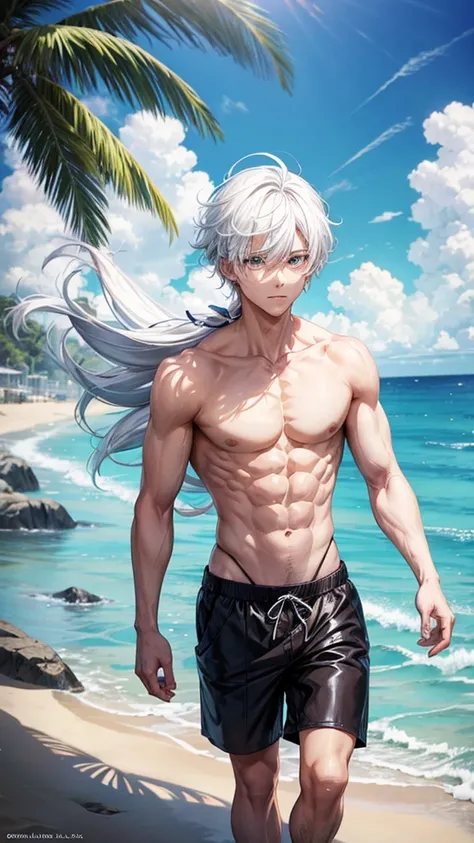 Anime guy with white hair shirtless on the beach 