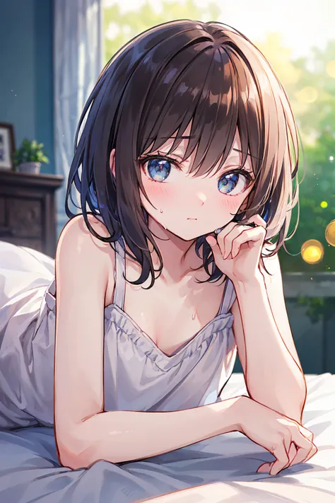 short hair,short hair,Straight hair、Brown Hair、Twinkling eyes、Amber Eyes,Embarrassing,Lying in bed,small胸、Shine、reflected light、Film Grain、masterpiece、Textured skin、Super Detail、Attention to detail、high quality、最high quality、High resolution、16K、Shine,naked...