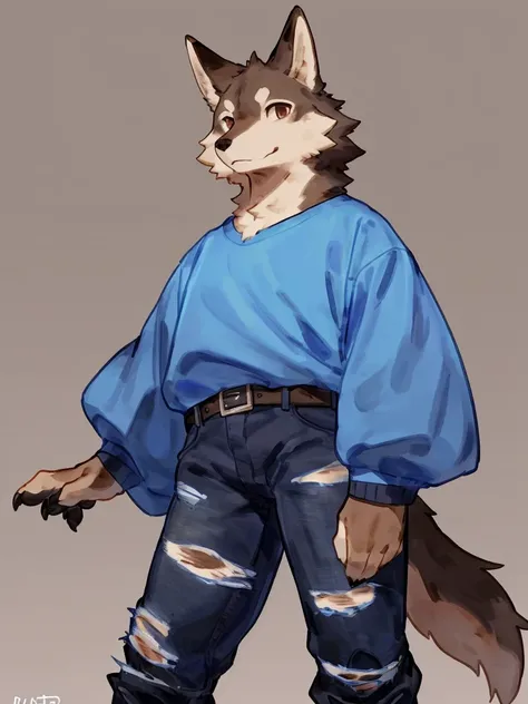 ((Best quality, masterpiece, detailed anatomy, detailed eyes, detailed hands, perfect lighting, perfect shading)), by Buta99, by Bebebebebe, 1male, Wolf, brown furs, tight body, dark  brown eyes, skinny chub body, young body, large sleeves blue tshirt, rip...