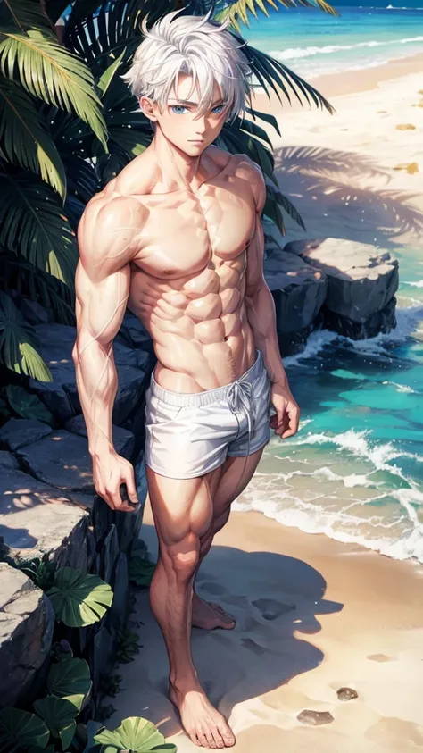 Anime guy about 15, shirtless, with blue eyes and white hair, muscular, 6 pack abs, with white shorts, on the beach  