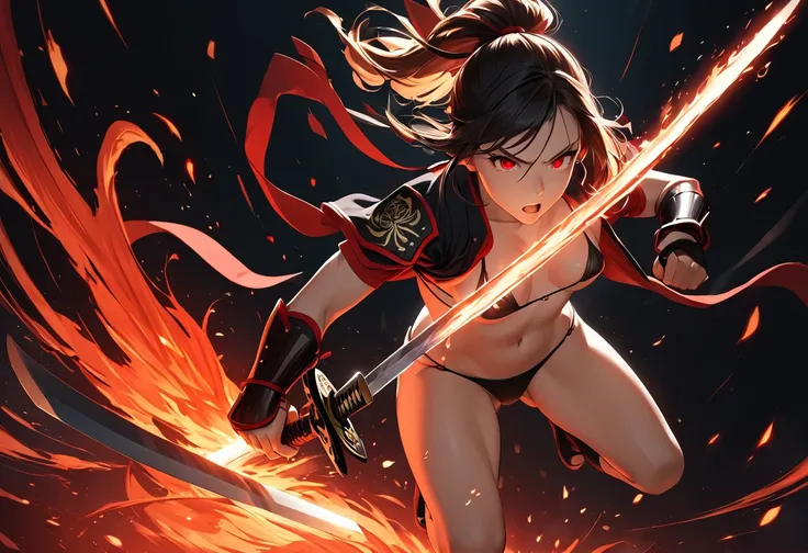 1girl samurai, micro bikini, epic fighting stance, swing sword of fire, jumping, dodging, white light trail behind her movement, cinematic motion, dramatic light, dimmed light, UHD, fine contrast, perfect face, focused eyes, mean sight, red light eyes, lon...