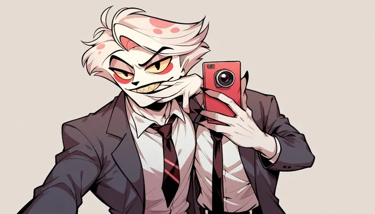 male,suit, Hazbin Hotel Style,Cartoon,From the waist up,Front camera,Selfie,tie