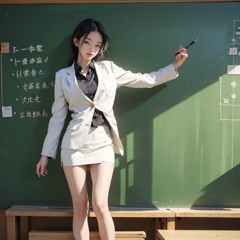 Full body photo、A female teacher writing on the blackboard、White mini skirt suit


