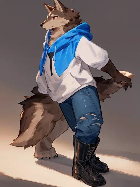 ((Best quality, masterpiece, detailed anatomy, detailed eyes, detailed hands, perfect lighting, perfect shading)), by Buta99, by Bebebebebe, 1male, Wolf, brown furs, tight body, dark  brown eyes, skinny chub body, young body, large sleeves blue hoodie, rip...