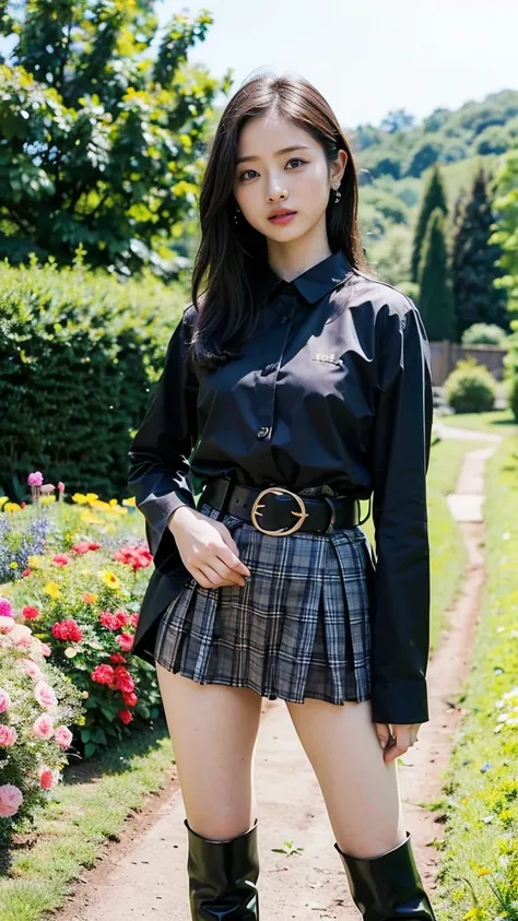 (8k、RAW Photos、Highest quality、masterpiece:1.2)、(Realistic、Realistic)、1 Girl、((suit、Black Mini Skirt、Medium Hair、boots、garden、View from the front、Looking at the camera、belt、Hands on your hips))、cute