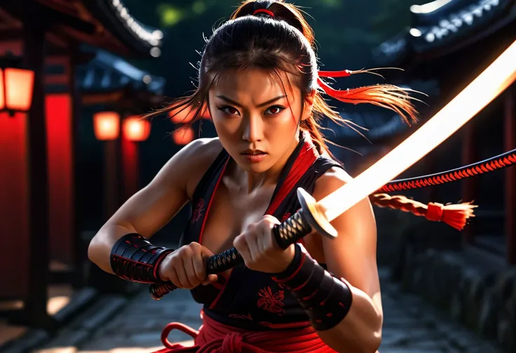 1girl samurai, micro bikini, epic fighting stance, swing sword of fire, jumping, dodging, white light trail behind her movement,...