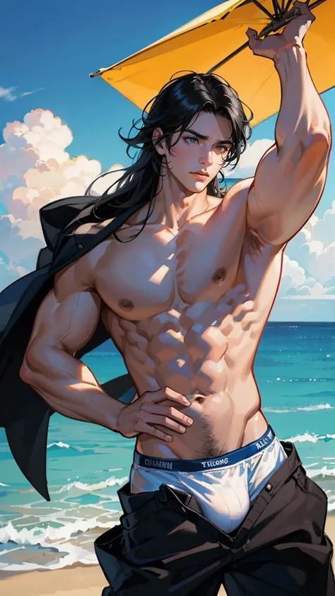 handsome guy, radiating charisma as he proudly showcases his muscular to to build in a full-bodied stand-up pose. Wearing a sexy white underwear that accentuates his physique, he stands at the beach, serious and sexy mood, this photorealistic portrait embo...