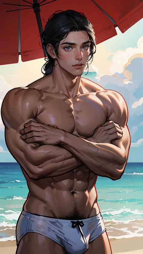 handsome guy, radiating charisma as he proudly showcases his muscular to to build in a full-bodied stand-up pose. Wearing a sexy white underwear that accentuates his physique, he stands at the beach, serious and sexy mood, this photorealistic portrait embo...