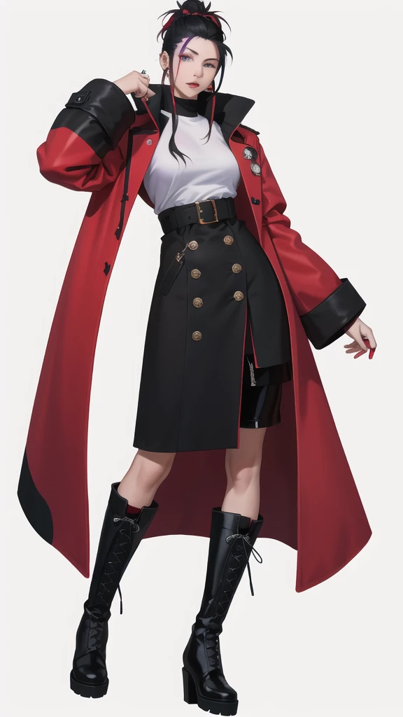 Young woman, 21 years old, full length, White background. Black hair with acid red ends. One eye is blue, Other purple. Pierced nose with ring on the left. haughty expression on his face. long black coat, lace-up boots