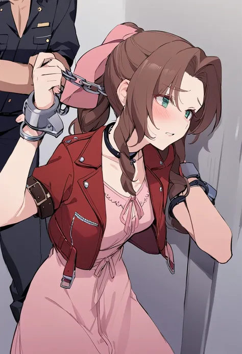 masterpiece, best quality, 1girl, anime style, pastel colors defaerith, braided ponytail, pink hair bow, choker, necklace, cropped jacket, red jacket, short sleeves, pink dress, extremely detailed,high definition restrained,police,arrest,restrained,shackle...