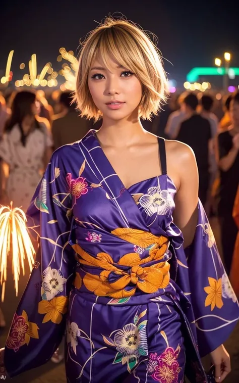 gyaru, dark-skinned, shiny oiled skin, blond hair, short cut hair, wearing vivid yukata, walking in crowd, dark-night, deep fog, orange lanthanum light, Fireworks Festival Venue, Fireworks in the background, cinematic lighting