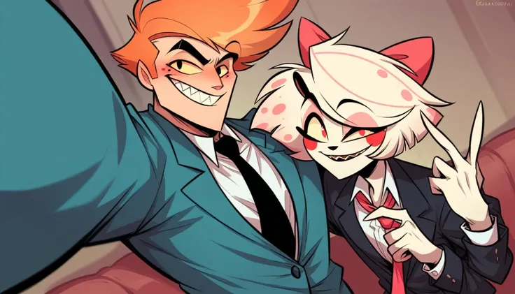 male,suit, Hazbin,Cartoon,Selfie style from the waist up,tie,Cartoon調