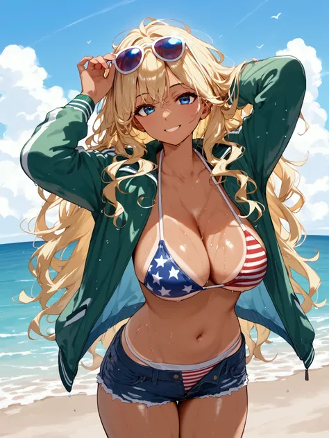 score_9, score_8_up, score_7_up, rating_safe, masterpiece, best quality, very aesthetic, absurdres, 1girl, solo, blonde hair, long hair, messy hair, blue eyes, smile, pink cheek, (flight jacket, green jacket), denim shorts, (american flag bikini), bikini u...