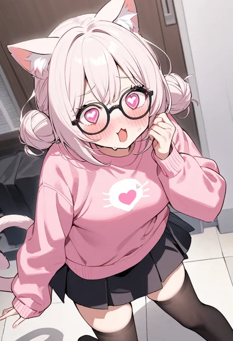 I have white pink hair, cat ears, a bun, my face is super blushing, black glasses, pink heart eyes, a big pink sweatshirt, a black skirt, black stockings, white shoes, a cat&#39;s tail, a girl. very shy that her parents are millionaires