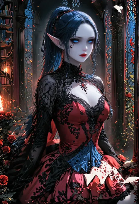 arafed a picture of elf vampire in her castle. an exquisite beautiful, busty, female elf vampire (ultra details, masterpiece, be...