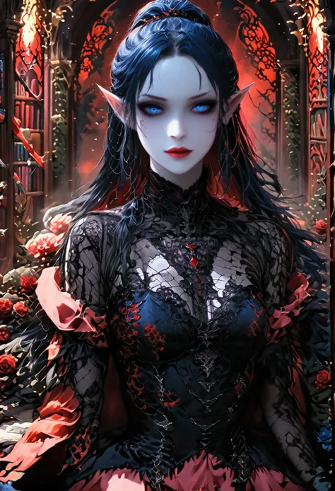 arafed a picture of elf vampire in her castle. an exquisite beautiful, busty, female elf vampire (ultra details, masterpiece, be...