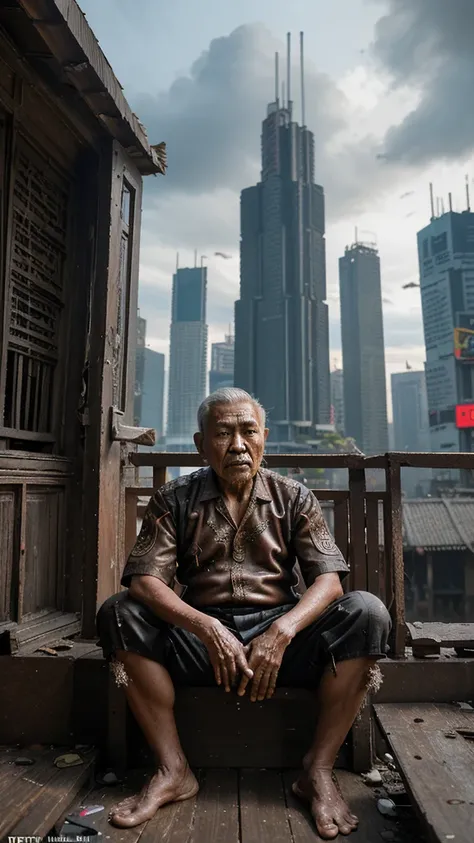 Tentu, berikut adalah prompt AI untuk gambar tersebut:

---

"A futuristic scene depicting an elderly Indonesian man sitting on a weathered and dilapidated porch of his old house. The mans face shows signs of sadness and fatigue, with deep wrinkles and a t...