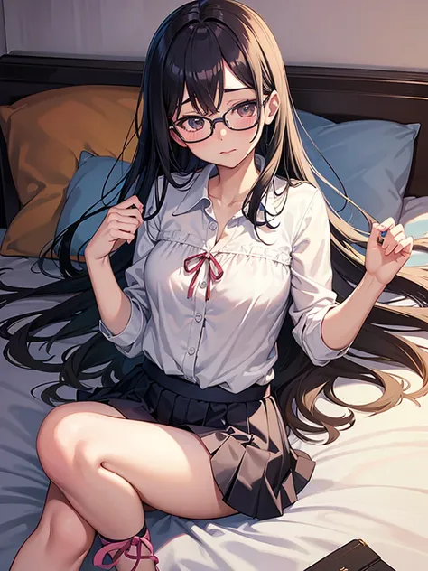 roli1.5 anime girl with glasses and skirt lying on bed, a hyperrealistic , hyperrealistic , anime moe art style, realistic , nag...