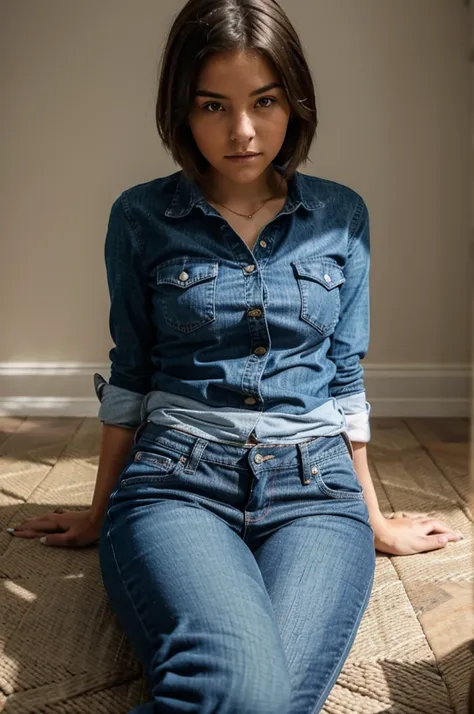 girl sitting in a twine, girl doing a split, she is wearing jeans and shirt, doing a twine, her legs are widely spread