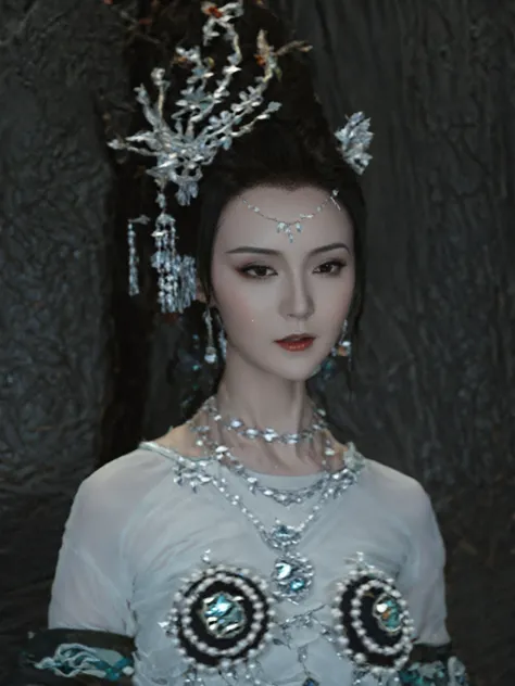 wearing a white dress、arav woman wearing tie and necklace, queen of the sea mu yanling, inspired by trees, chinese empress, chin...