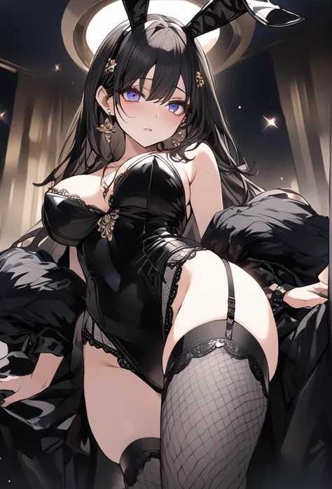 black bunny girl suit　black fishnet stockings　garter belt　high heels　soapland　captivating look　　sexy body　clear eyes　round eyes　...