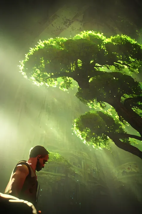 a strong burly man, muscular man, fist smashing a large tree, dramatic lighting, epic, cinematic composition, stunning colors, best quality, professional 3d render