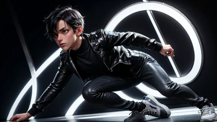 A boy wearing a black and blue leather jacket, a white t-shirt with navy plastic details on the sleeves, dark grey tight pants, light gray sneakers, a full body shot, black hair, on a black background