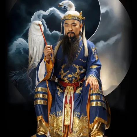 taoist priest with blue and gold robe, yin yang taiji background, holding white horse tail whisk