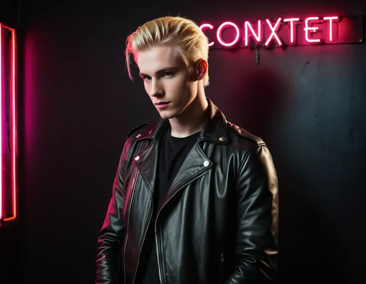 photorealistic, dark vibes, solo, young man, 22 years, pale skin, model (skinny:1.3), (stylish blond hair:1.5), (black leather j...