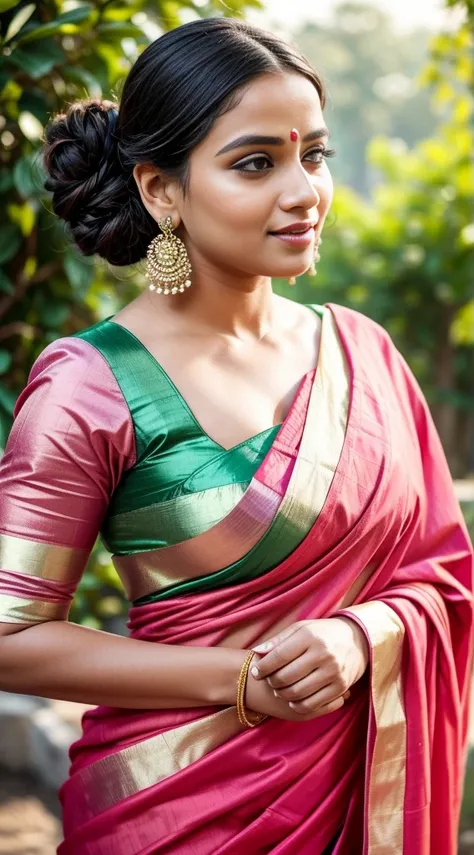 Reshma Pasupuleti The image shows a woman wearing a traditional saree. The saree has a light pink base color with a floral pattern that includes pink and green hues. The saree is paired with a red blouse that has a round neckline and short sleeves. The wom...