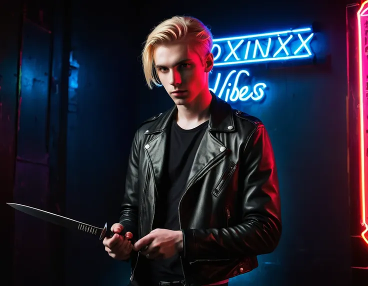 photorealistic, dark vibes, solo, young man, 22 years, pale skin, model (skinny:1.3), (blond hair:1.5), (black leather jacket:1....