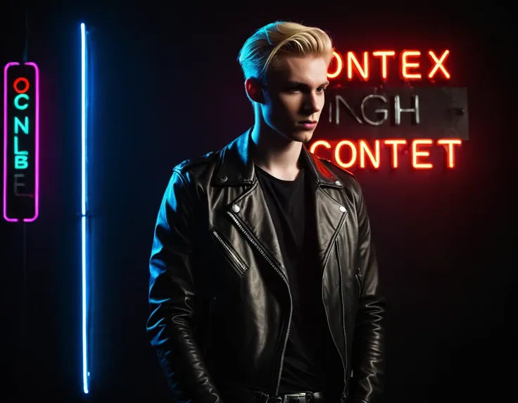 photorealistic, dark vibes, solo, young man, 22 years, pale skin, model (skinny:1.3), (blond hair:1.5), (black leather jacket:1....