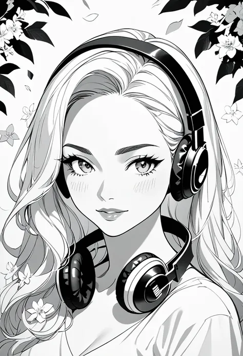 masterpiece, top-class, i'm wearing headphones, female , alone, bust close-up, flower line art background, white background, mon...