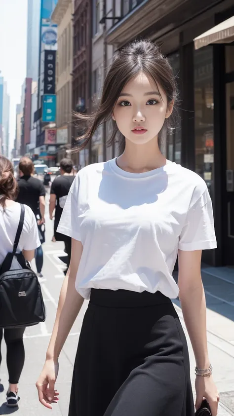 Bright outdoors、Walking around the city、((masterpiece))、((Highest quality))、picture、Reality、high resolution、Advanced Depth of Field、Ultra-detailed、Realistic lighting、((A tight white T-shirt with New York on it)),Black Skirt))、((It&#39;s close so it&#39;s c...