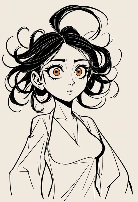 (((American comic style，Exaggerated digital character sketches:1.37，Exaggerated body proportions))).(1 Girl,Solitary,big eyes，Pointed nose，(Exaggerated expression,Exaggerated hairstyle)，Messy hair)，(Black sketch lines，Loose brushstrokes create the outline，...