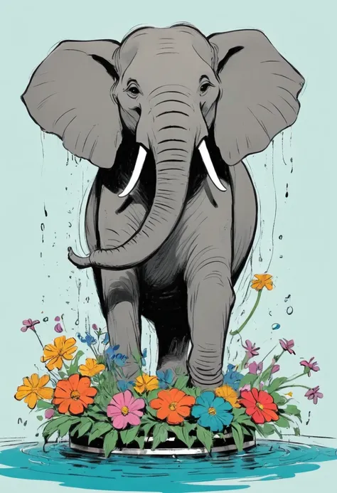 (((American comic style，Exaggerated digital sketch:1.37))).(1The elephant waters the flowers with his trunk，(Exaggerated table)，(Black sketch lines，Loose brushstrokes create the outline，Cartoon Style. Bright colors and simplified lines, sketch)。(Large area...