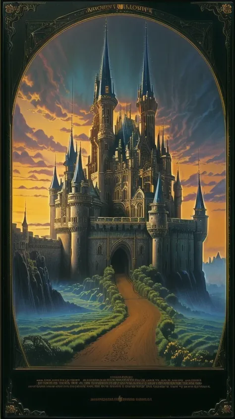 arafed image of a castle with a horse and carriage on a path, ralph bakshi, movie screen shot, still from a fantasy movie, anima...