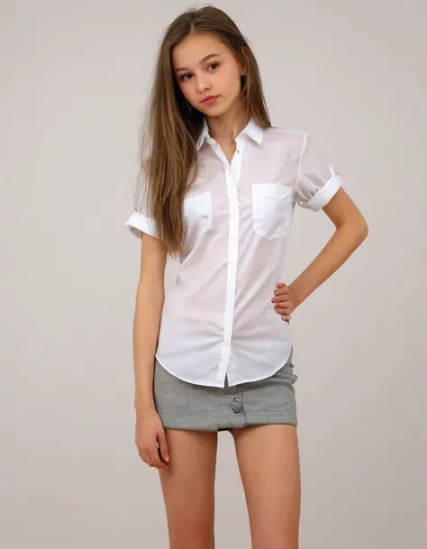 showing her breast, black pubic hair, front view, beautiful, completely naked very skinny russian girl 14 years old, bare thighs, earrings, in wide open white shirt, stand in mix shoes heel, arms crossed, white background, photorealistic