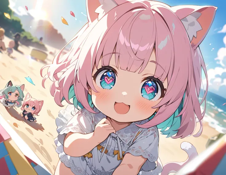 masterpiece, best quality, ultra detailed, exquisite, Full-HD, 16K, absurdres, , kemono, delightful, smiling, jumping, looking at viewer, twintail, medium hair, blunt bangs, wavy hair, shiny hair, pink hair, aqua hair, streaked hair, colored inner hair, pi...