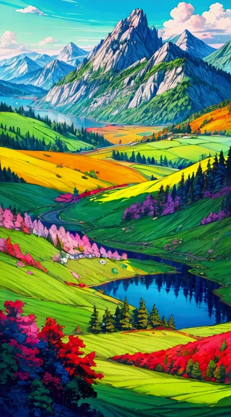 (masterpiece), anime style landscape, (colorful), vibrant colors, rolling hills, majestic mountains, serene lake, detailed folia...