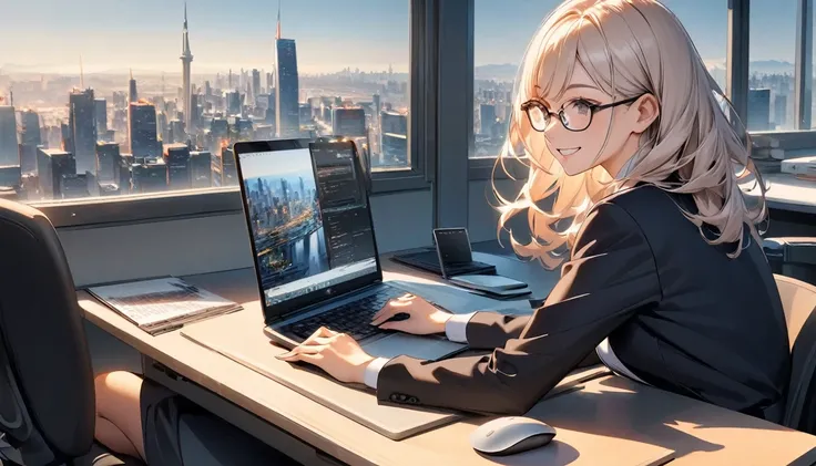 Office workers working on a computer,Portraiture,Professional,Wearing a smart suit,Stylish glasses,Typing on a sleek laptop,Use a wireless mouse,Sitting at a modern desk,Smile confidently,City skyline in the background,Soft natural light,High resolution,Hi...