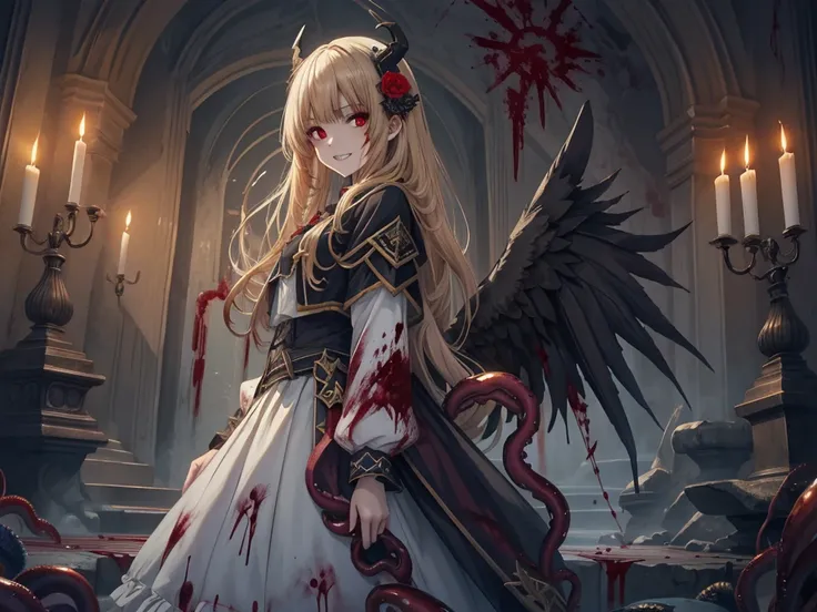 (Highest quality,4K,High resolution,masterpiece:1.2),Very detailed,Realistic:1.37,masterpiece, Highest quality, Exquisitely crafted, woman, beautiful, elegant, smile, Blood, iridescent Long Hair, bangs, skirt, shirt, Long sleeve, Frills, shoes, (Red and Bl...