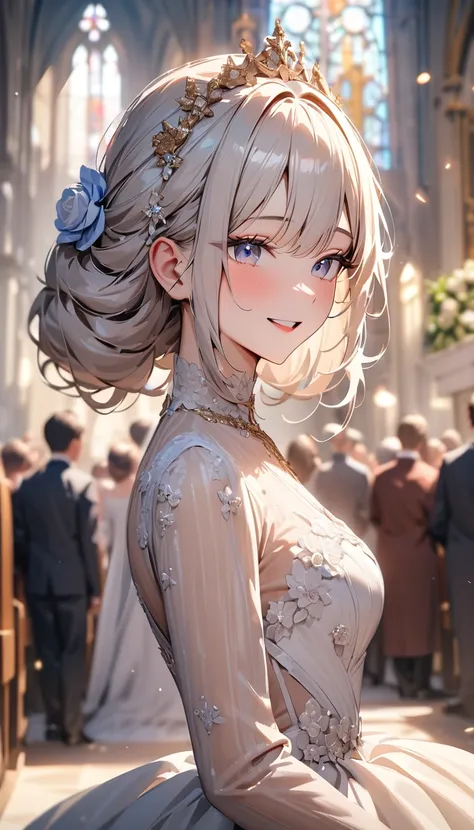 masterpiece , modern, Verism, masterpiece, super detail, best quality,4K , (((head shot))),Beautiful bride and groom standing next to each other,,wedding,People who bless those around,Inside the church,Happy atmosphere,Blurred background
