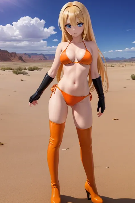 men and women　Perfect Anatomy　Highest quality,Highest Resolution,(((Dark orange bikini　Thigh-high boots)))　Metal Max 2:Reloaded　Mishka　Blonde　long hair　Blue Eyes　D Cup　20-year-old　end of the century　desert　athletic　Warrior　cool
