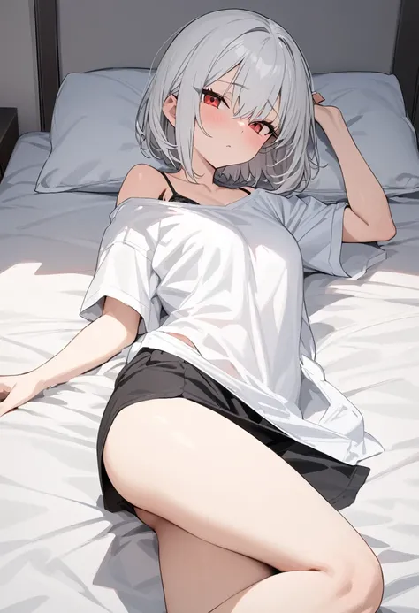 ((masterpiece)), (Highest quality), (Simple style), Silver-white hair, braided, short bob, red eyes, oversized shirt, bra straps, low rise bikini(Black) lie on bed 