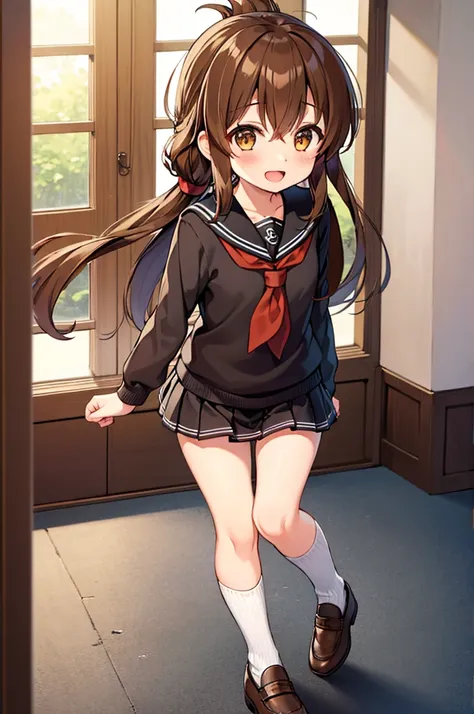 long hair, looking at viewer, blush, smile, open mouth, bangs, multiple girls, skirt, brown hair, shirt, long sleeves, 2girls, hair between eyes, brown eyes, , braid, :d, sidelocks, pleated skirt, shoes, serafuku, socks, indoors, black skirt, sailor collar...