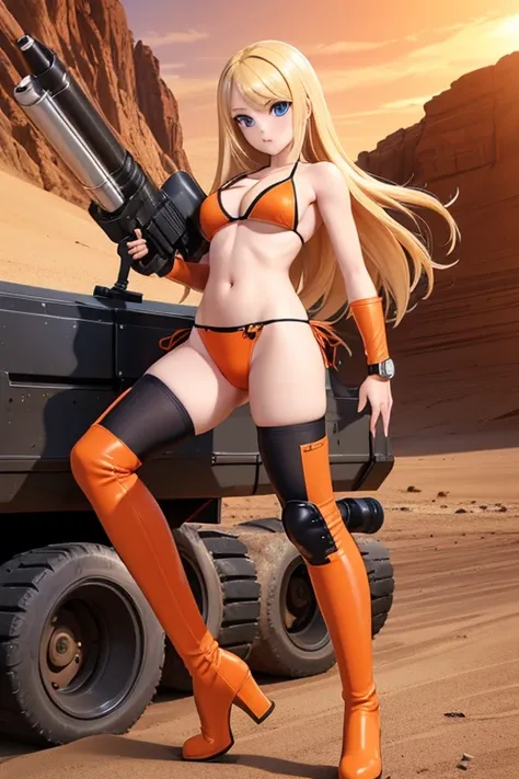 men and women　Perfect Anatomy　Highest quality,Highest Resolution,(((Dark orange bikini　Thigh-high boots)))　Metal Max 2:Reloaded　Mishka　Blonde　long hair　Blue Eyes　D Cup　20-year-old　end of the century　desert　athletic　Warrior　cool　Rocket Launcher